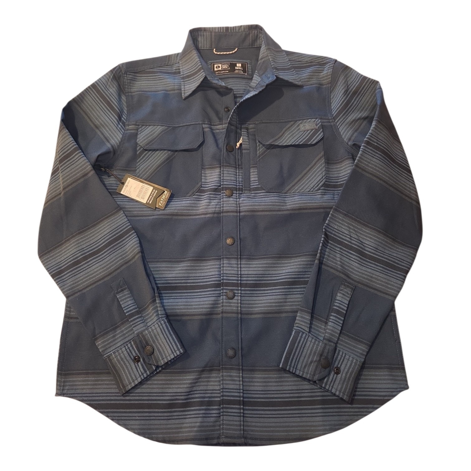 Salty Crew Fathom Ls Tech Flannel Shirt Mens Small Blue Striped Snap Front — image 2 of 7
